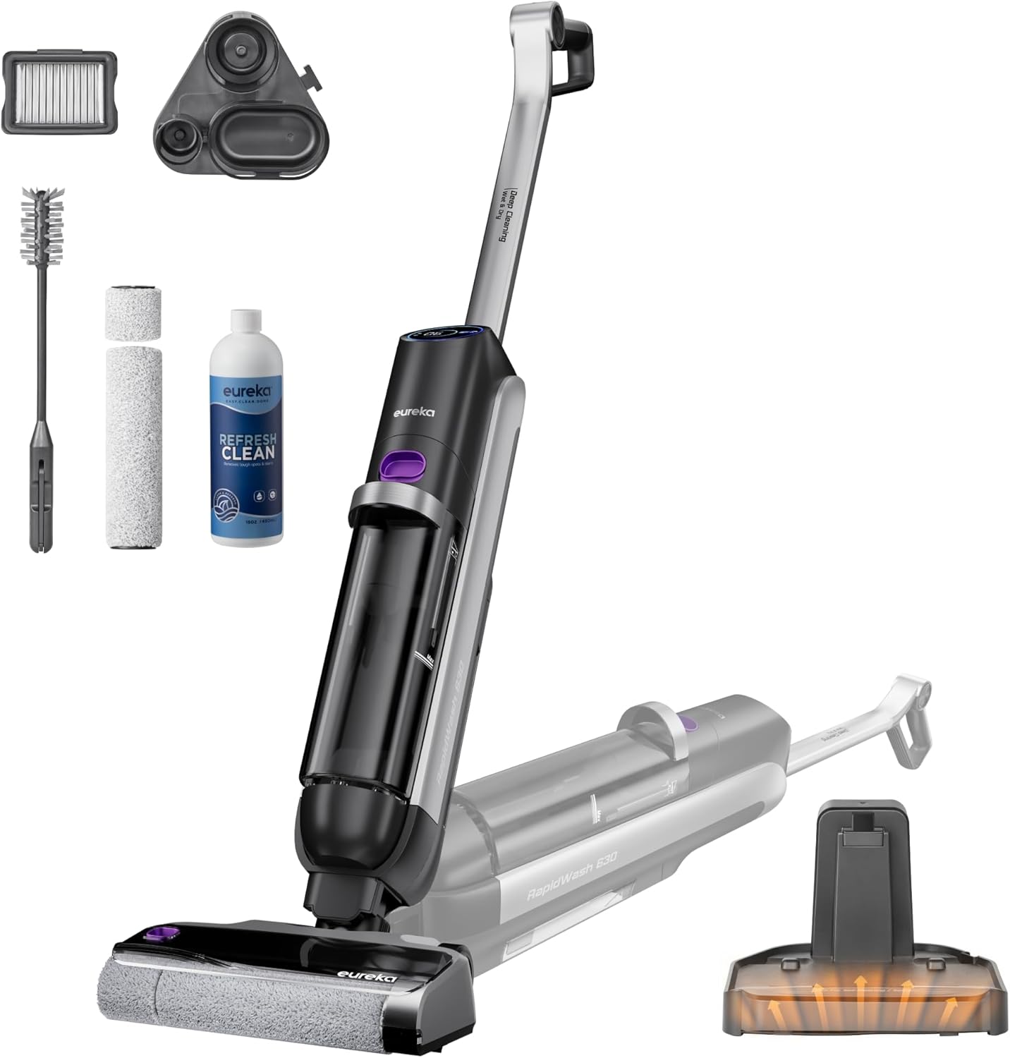 Eureka RapidWash NEW630 Nass-Trockensauger Kabellos 21600Pa Saugkraft 170° Neigung 60°C Heißlufttrocknung 38Min Laufzeit Selbstreinigung Anti-Tangle LED-Anzeige Für Hartböden Parkett Marmor Polster-Nestmyhut