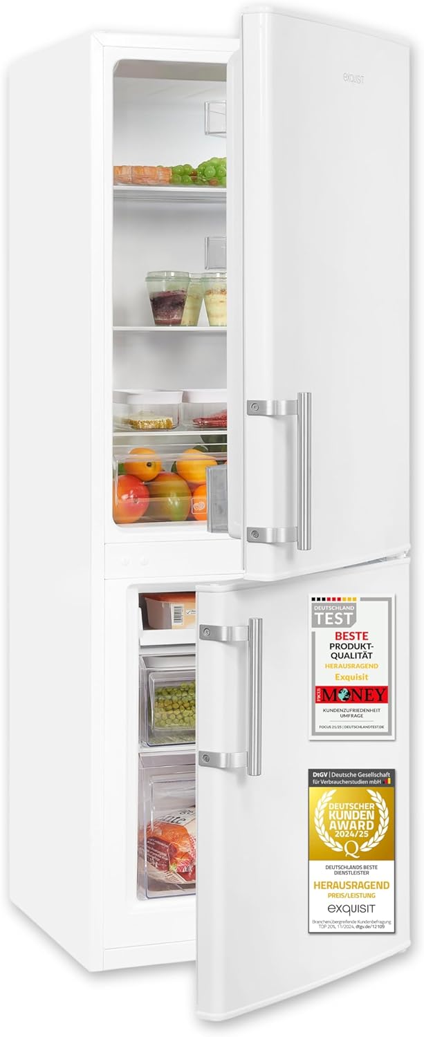 Exquisit KGC5233-60-HE-040D Kühl-Gefrierkombination 173L freistehend, Gefrierfach unten, 4-Sterne Gefrieren, Alarmfunktion, 143 cm, verstellbare Regale, Weiß-Nestmyhut