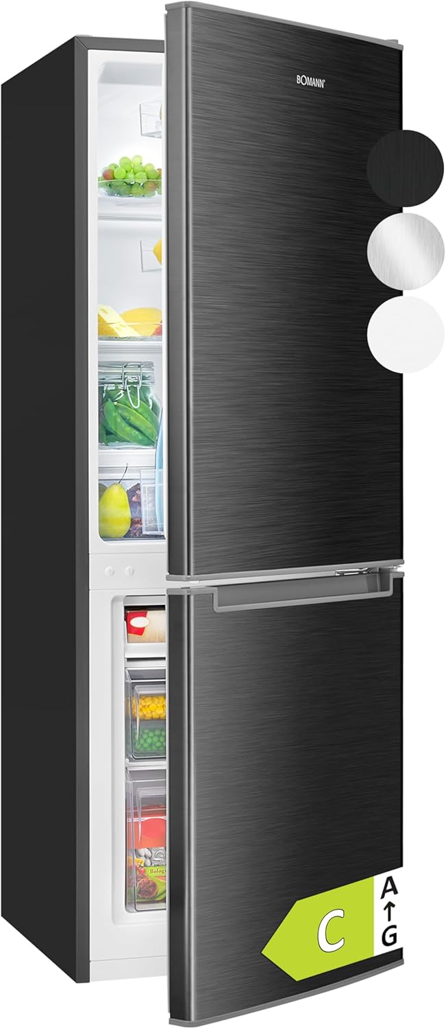 Bomann KG7359 Kühl-Gefrierkombination 173L freistehend, Gefrierfach unten, Energieklasse C, leise 40dB, 3 Ablagen 2 Schubladen, wechselbarer Türanschlag, Schwarz-Nestmyhut