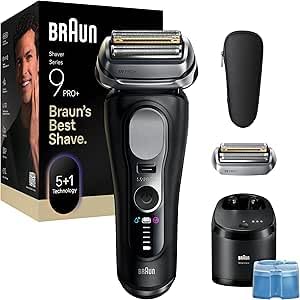 Braun Serie 9 Pro Elektrorasierer für Bart nass und trocken mit 5+1 ultradünnen Präzisionsklingen Bartschneider 60 Minuten Akkulaufzeit Ersatzkopf und SmartCare 6 in 1 Station schwarz-Nestmyhut