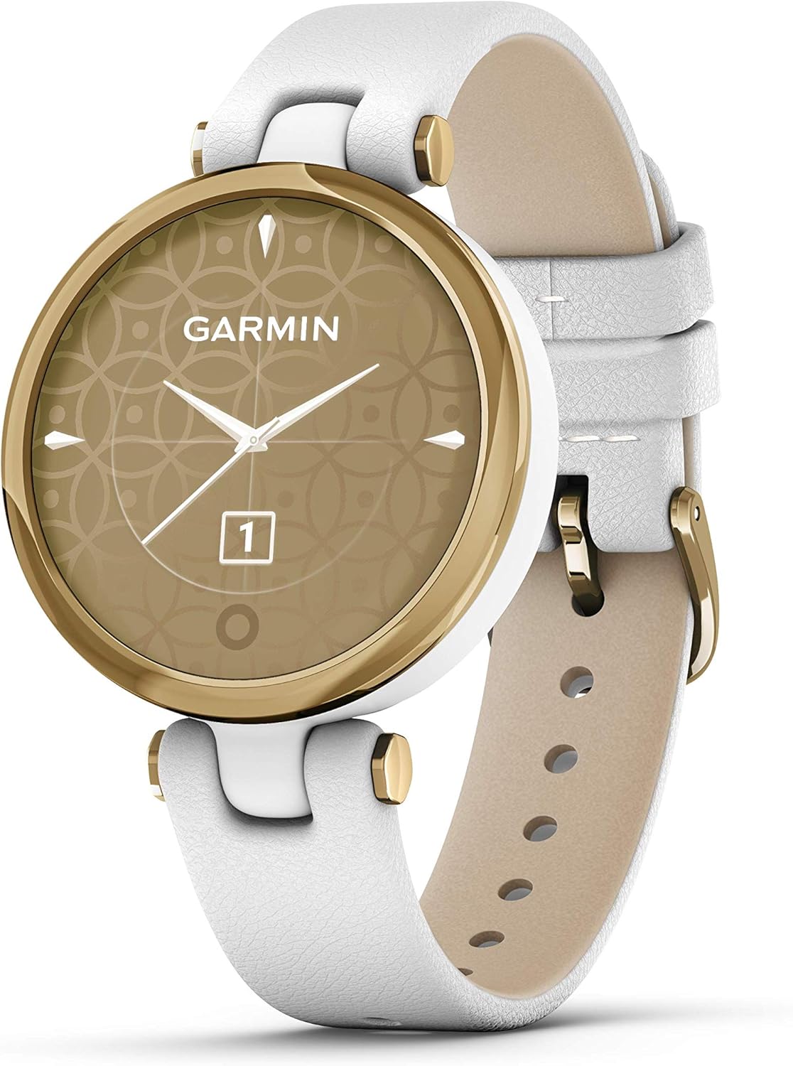 Garmin Lily kleine Smartwatch mit Touchscreen gemustertem Objektiv hellgold weißem Lederband rundem Design Zeitanzeige Wecker und integriertem GPS-Nestmyhut