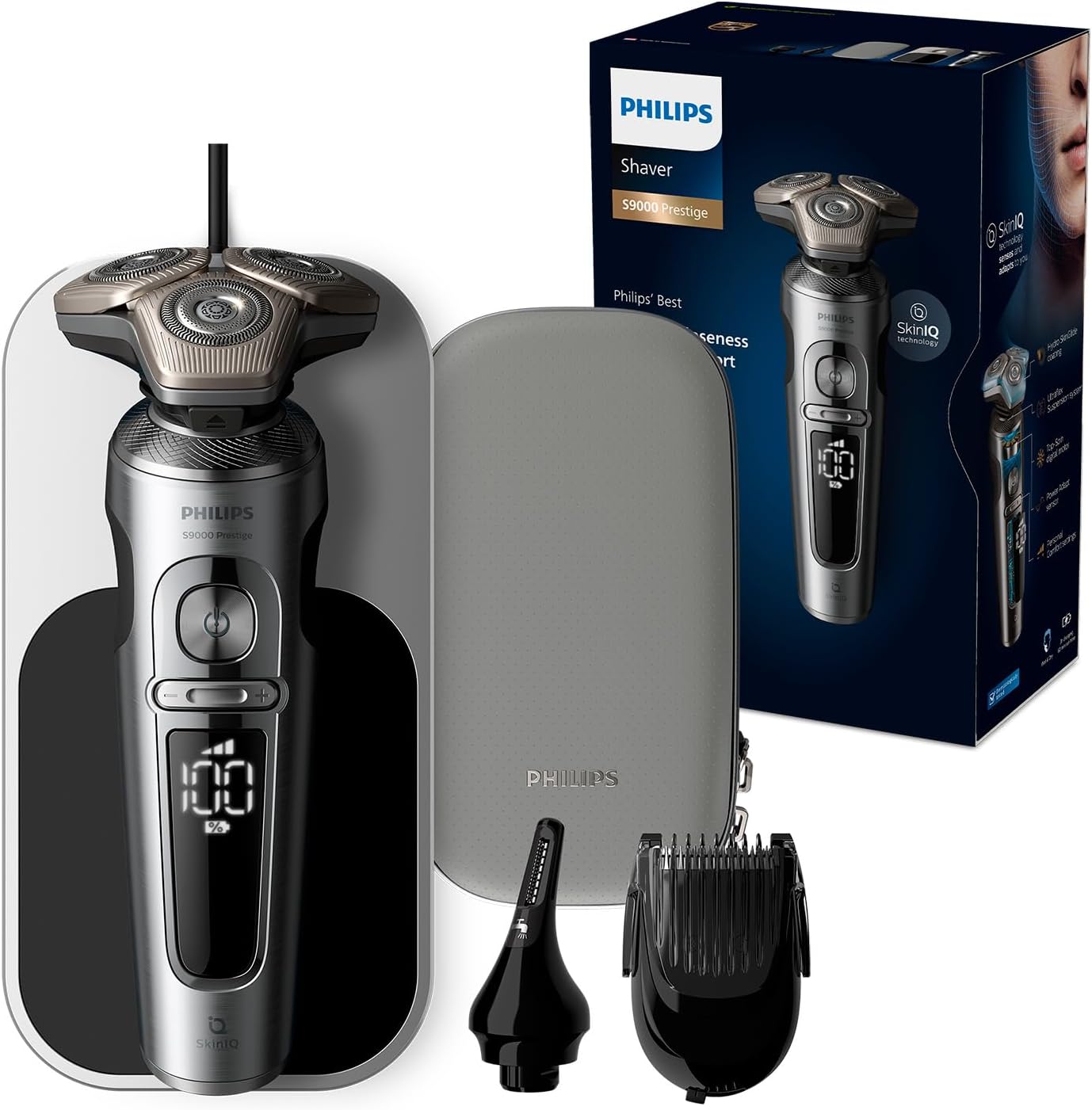 Philips Shaver Series 9000 Prestige Elektrorasierer SP9871/22 Nass- und Trockenrasierer mit Lift-and-Cut System, SkinIQ Technologie, Qi Ladepad, Bartstyler, Nasentrimmer helles Chrom-Nestmyhut