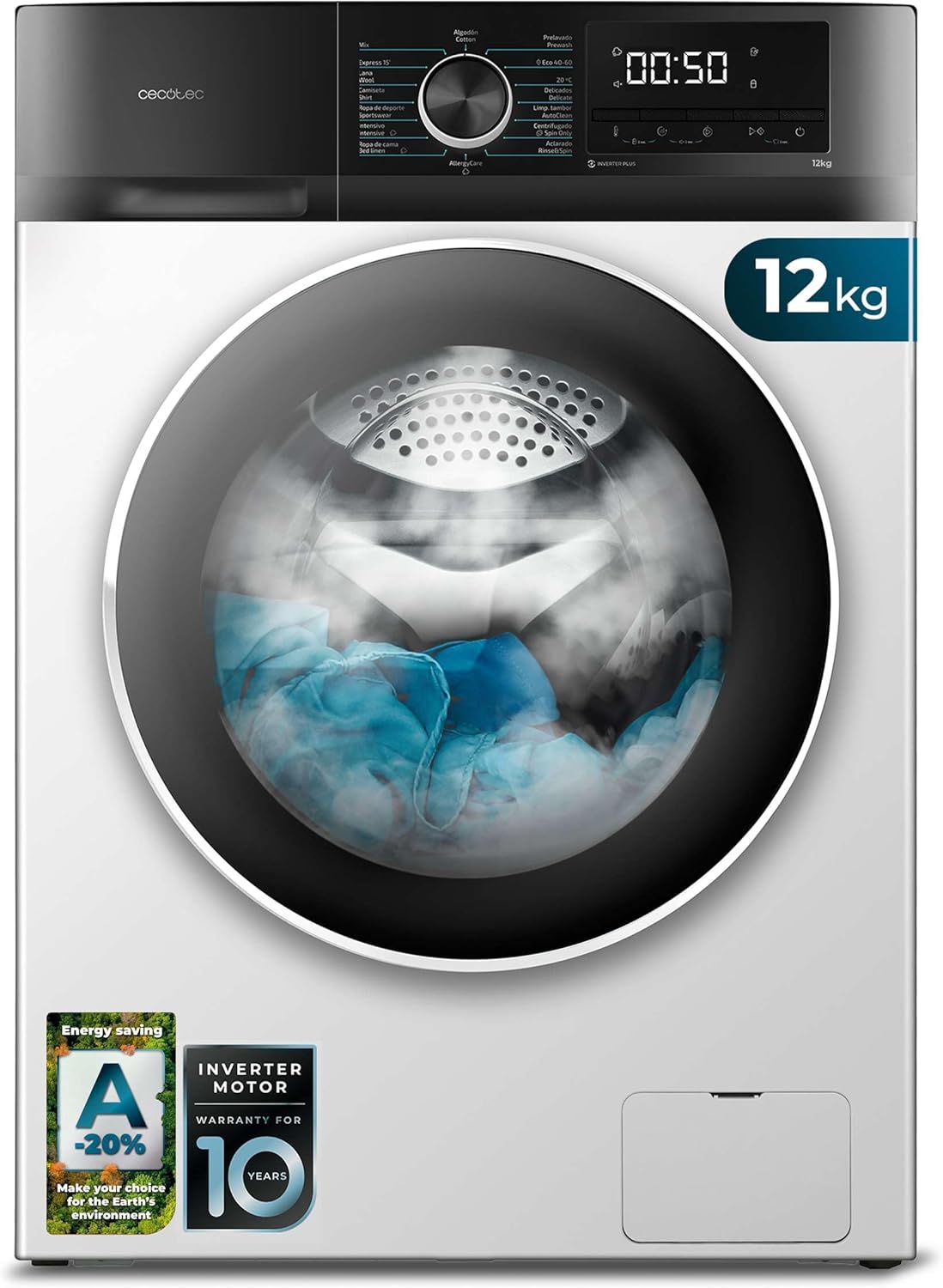 Cecotec Bolero DressCode 12500 Waschmaschine 12kg 1400 U min Inverter Plus Motor SteamMax Pearl Drum 16 Programme Allergy Care Delay Start weiß-Nestmyhut