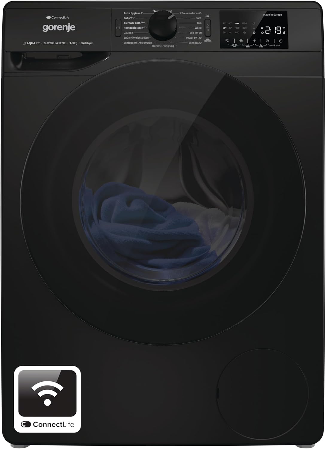 Gorenje WPNEI94A1DTSB Waschmaschine 9 kg 1400 U/min Dampffunktion ConnectLife Total AquaStop PowerWash ExtraHygiene Schwarz-Nestmyhut