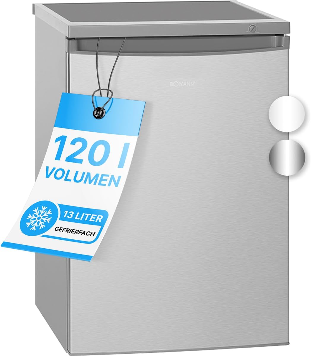 Bomann Kühlschrank Mit Gefrierfach KS21841 120L Kompakt 107L Kühlen 13L Gefrieren Wechselbarer Türanschlag Freistehend Edelstahl-Nestmyhut