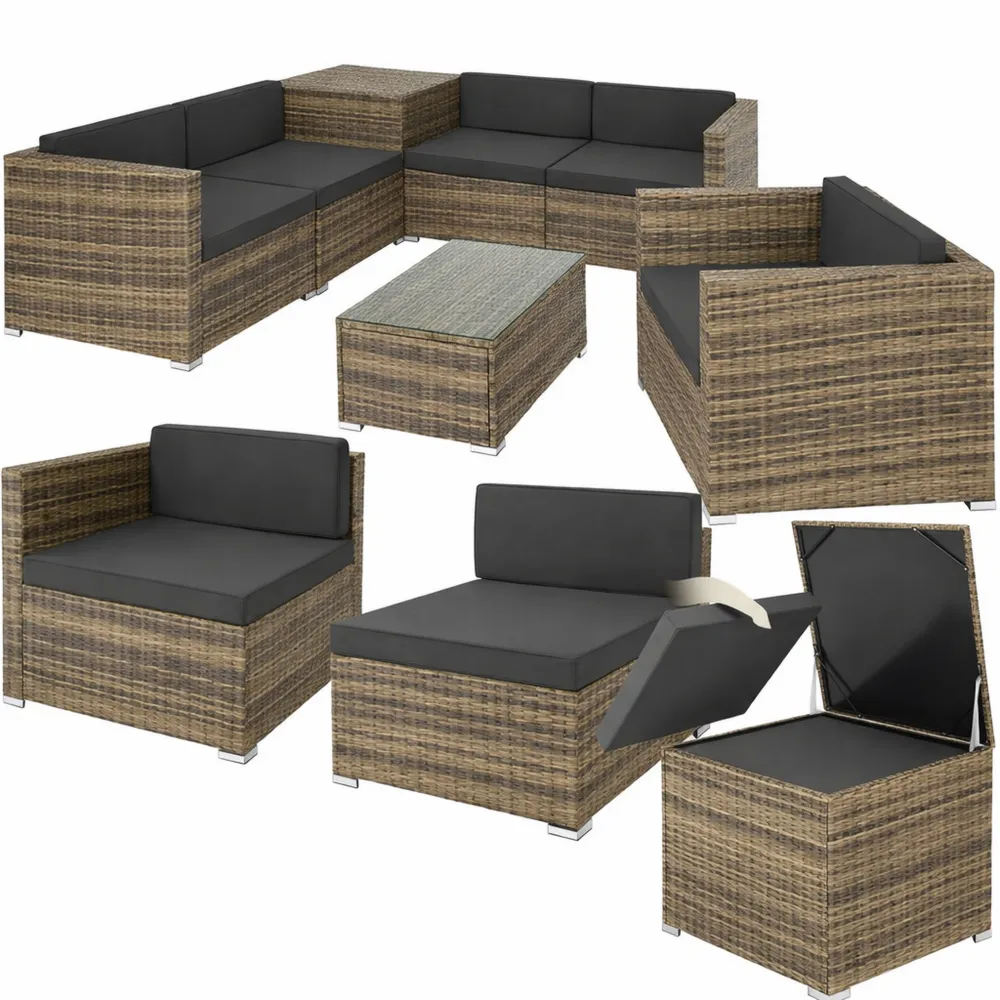 Ensemble de Jardin Extérieur 5 Places en Résine Tressée avec Coffre et Table en Verre