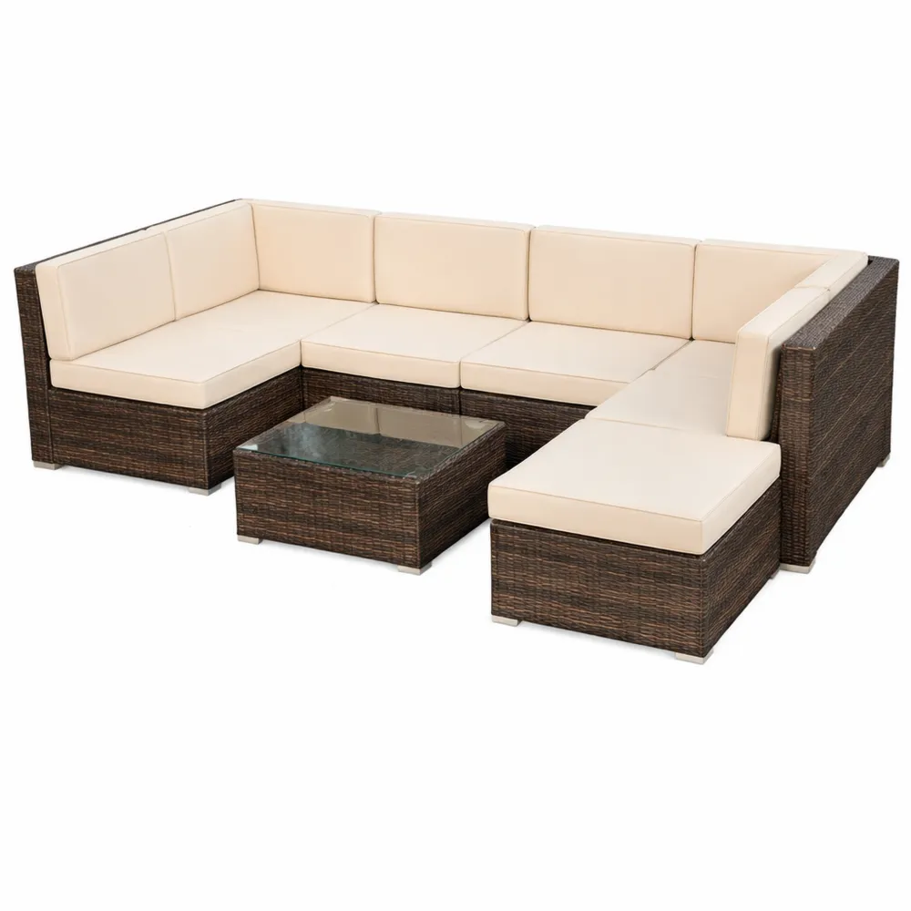 Ensemble de Salon de Jardin en Osier Marron avec Coussins