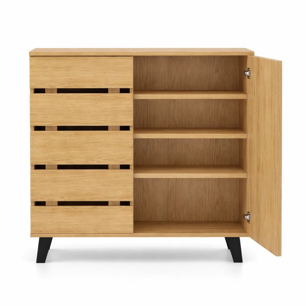 Armoire à Chaussures 4 Niveaux avec Portes et Étagères Amovibles, Rangement pour 16 Paires, Pieds Surélevés