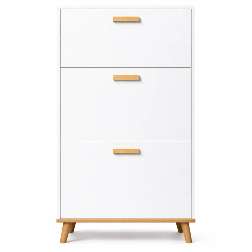 Étagère à chaussures scandinave blanche à 3 abattants - 70 x 23,5 x 122 cm