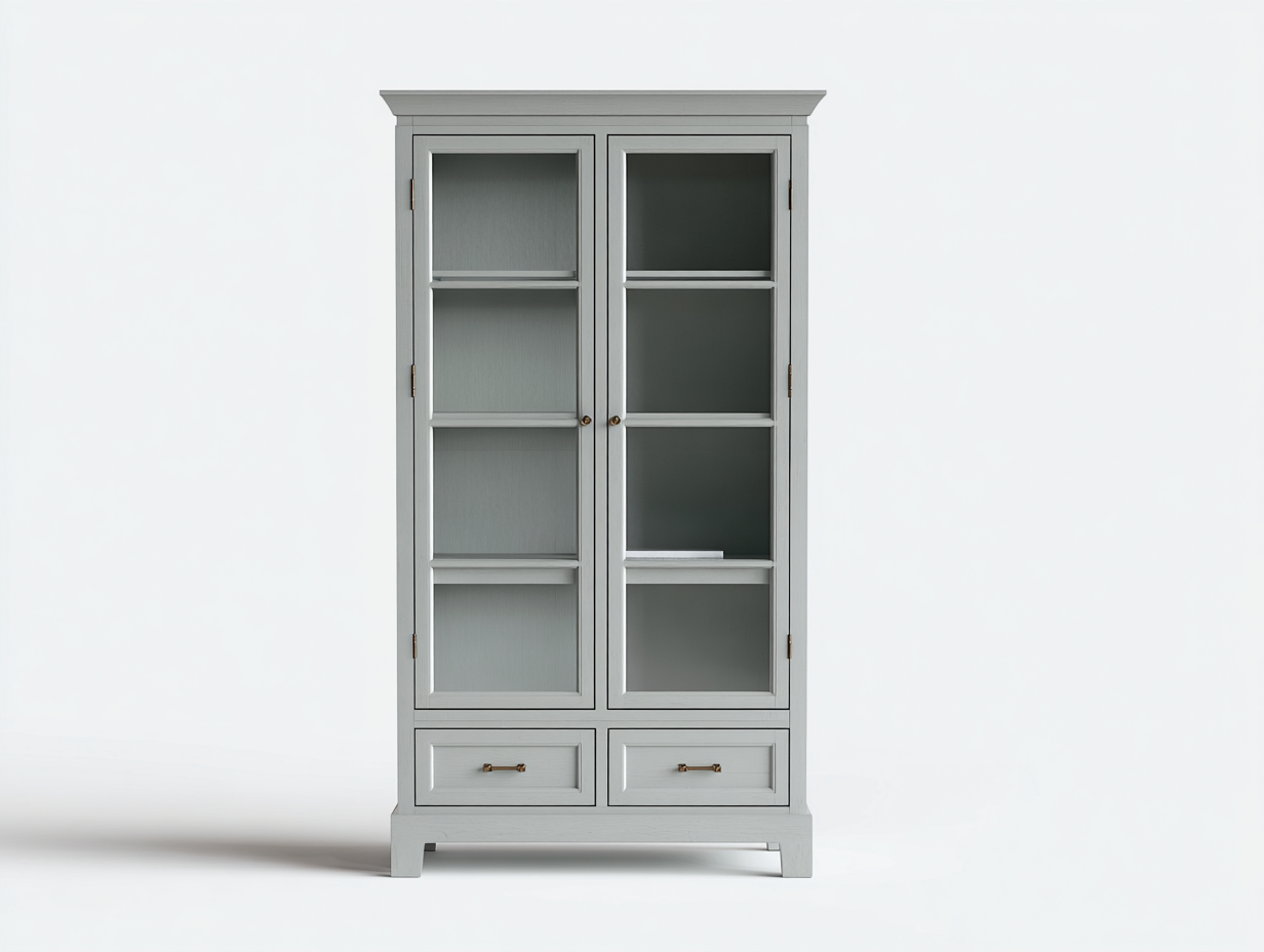 Vitrina de salón madera con puertas de vidrio y cajones 100x42x190 cm - gris claro - diseño clásico elegante-Homigetloft