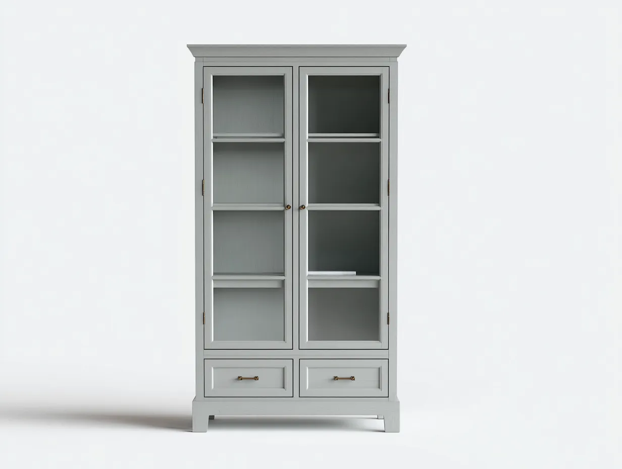 Vitrina de salón madera con puertas de vidrio y cajones 100x42x190 cm - gris claro - diseño clásico elegante-Homigetloft