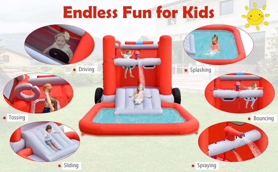 Fire Truck Themed Inflatable Castle Water Park Kids Bounce House without Blower