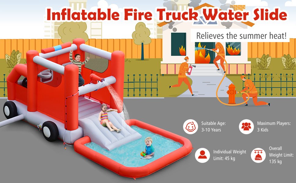 Fire Truck Themed Inflatable Castle Water Park Kids Bounce House without Blower
