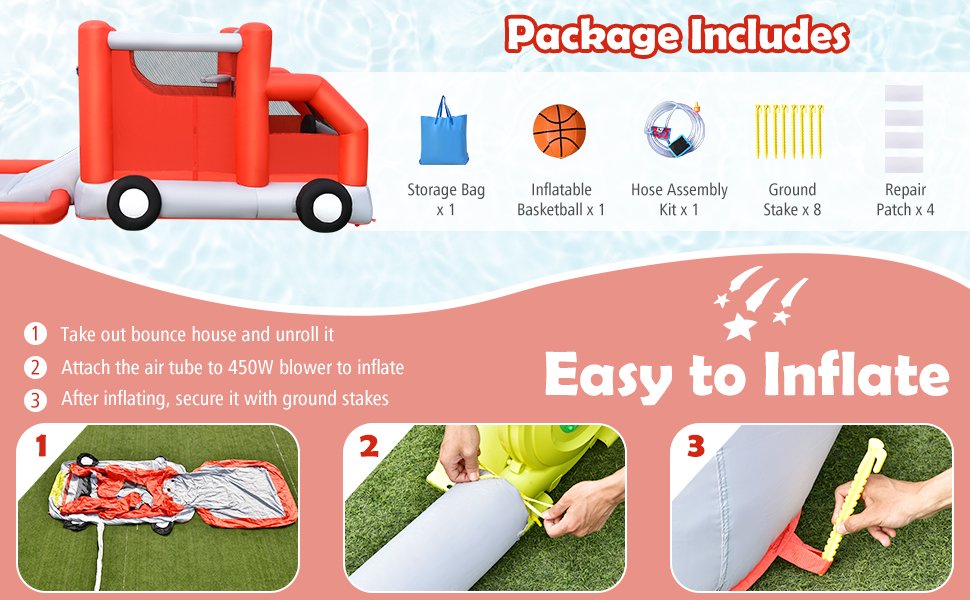 Fire Truck Themed Inflatable Castle Water Park Kids Bounce House without Blower