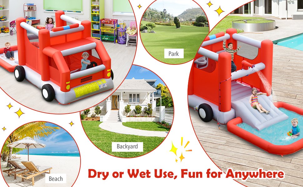 Fire Truck Themed Inflatable Castle Water Park Kids Bounce House without Blower