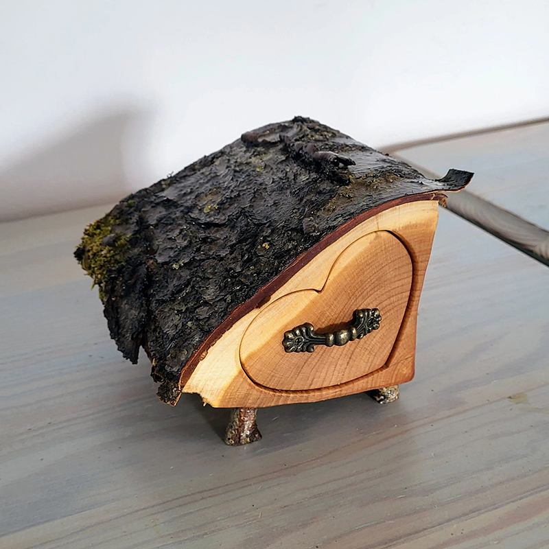 Upcycled cherry Jewelry Box with Bark and Moss