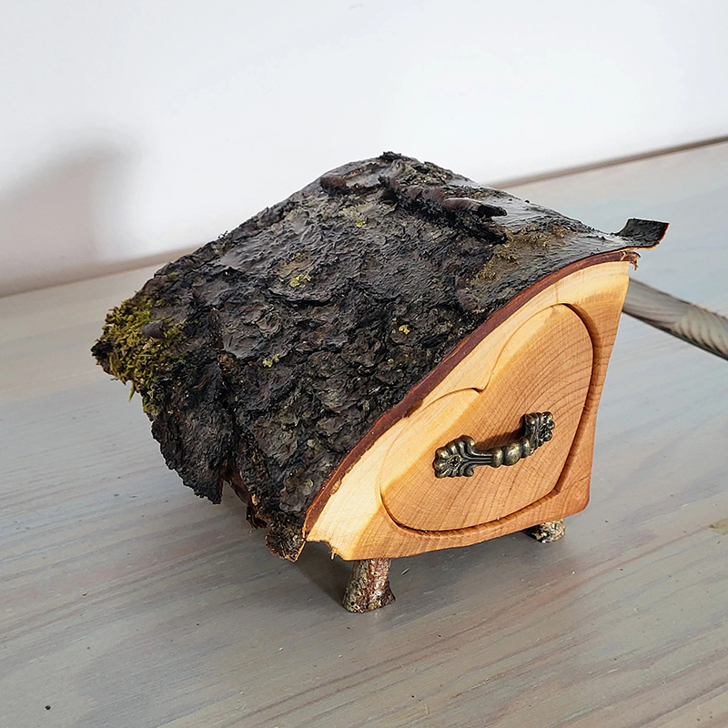 Upcycled cherry Jewelry Box with Bark and Moss