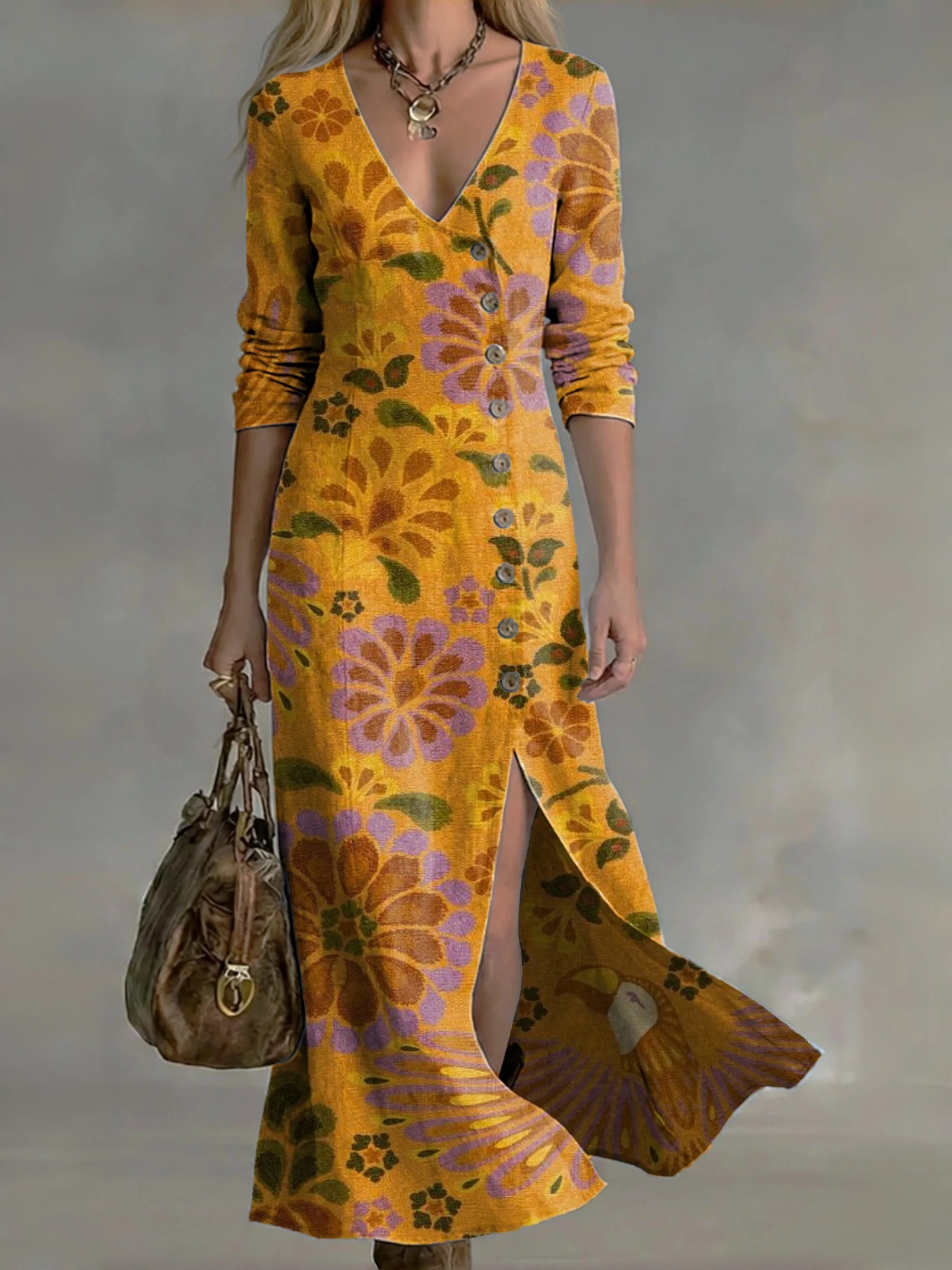 Women's Vintage-style Artistic Print Casual Cotton-linen Maxi Dress