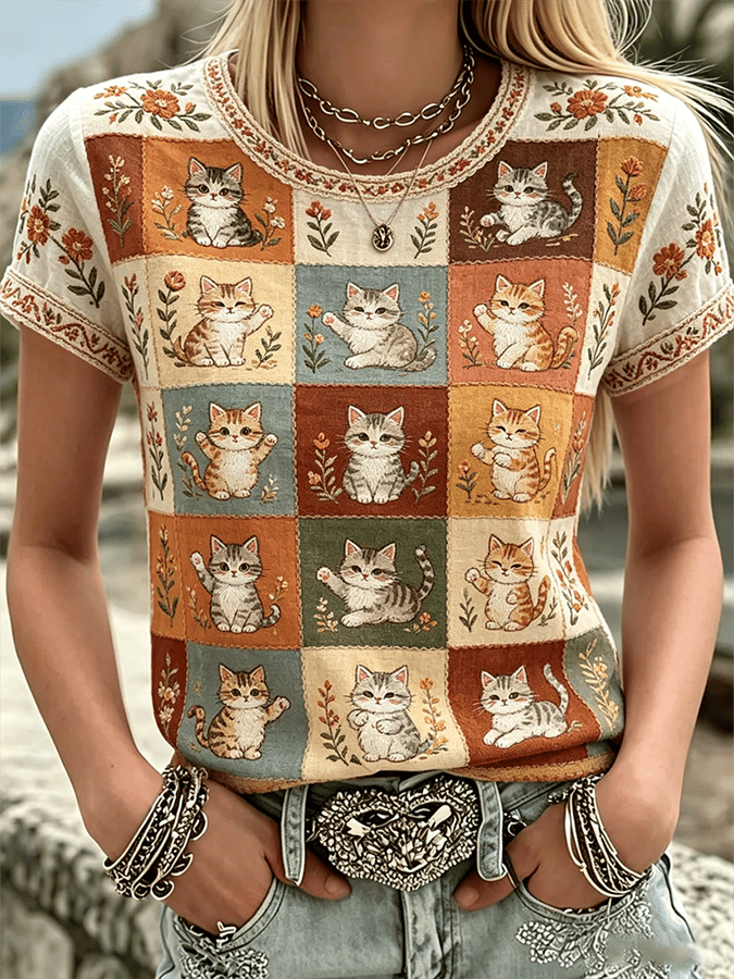 🐱Women's Floral Cats Print Casual Tee💛100% For Shelter Pets🐱🐶