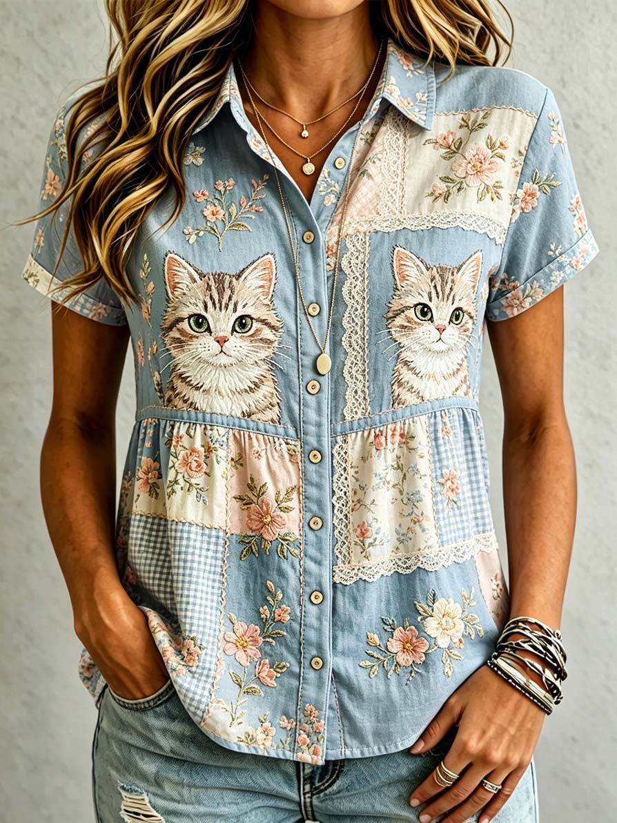 🐱Women's Casual Cat Floral Print Shirt💛100% For Shelter Pets🐱🐶