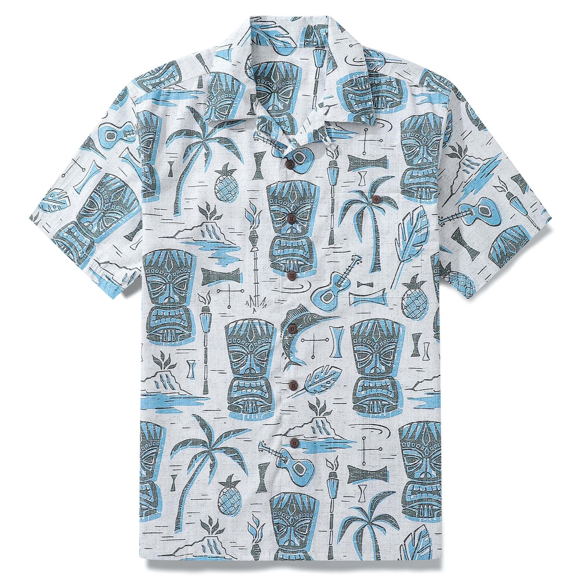Men's Hawaiian Shirt Short Sleeve Camp Collar 100% Cotton Blue Aloha