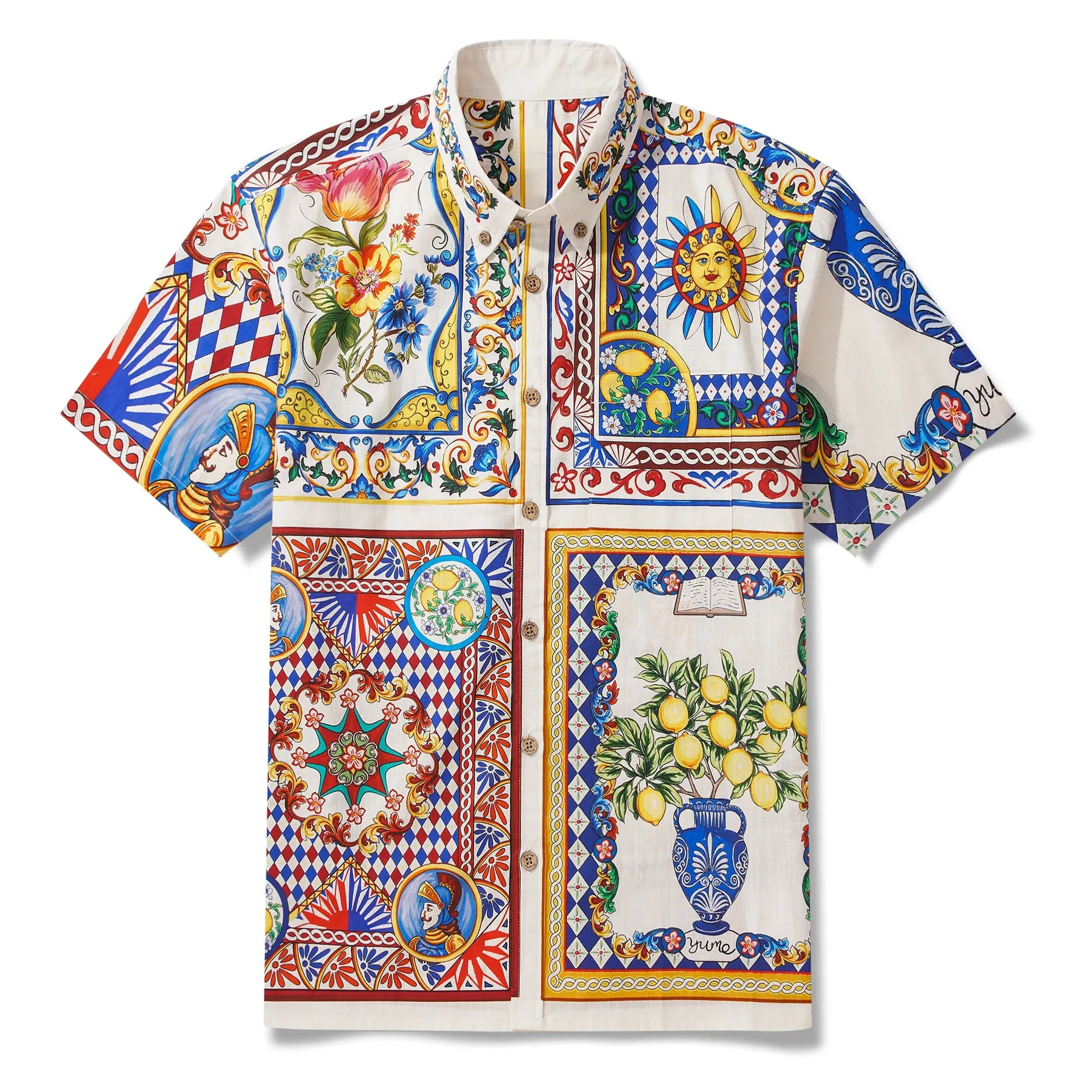 Men's Hawaiian Shirt Short Sleeve Button-down 100% Cotton Blue Flower Aloha Lemon Sicily Venice