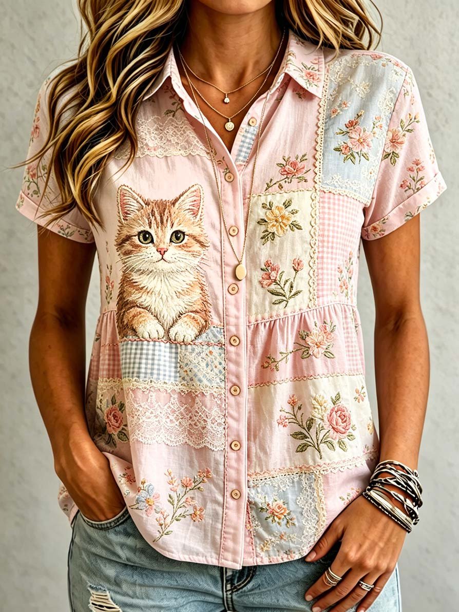🐱Women's Casual Cat Floral Print Shirt💛100% For Shelter Pets🐱🐶