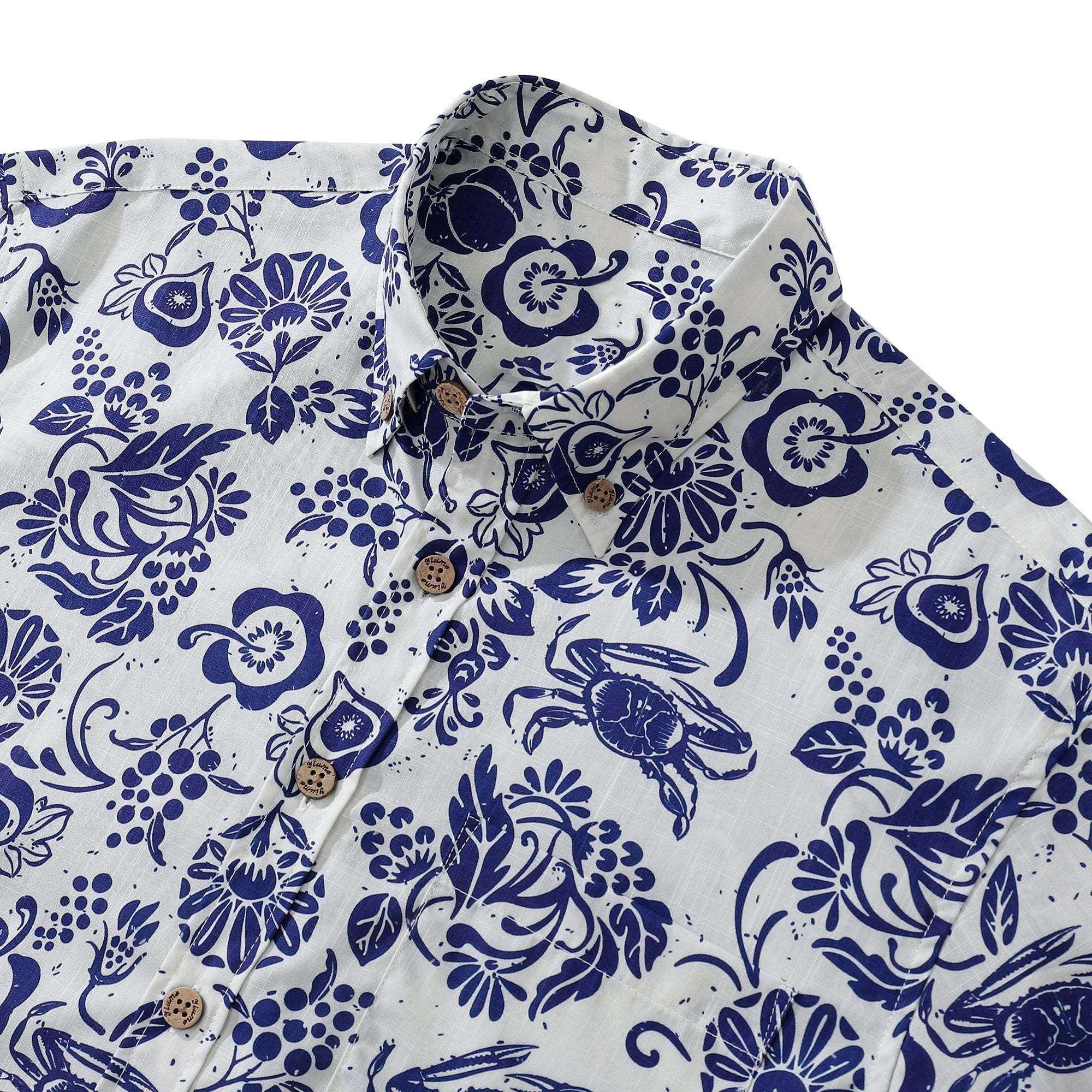 Men's Retro Hawaiian Shirt Blue Batik Style Shirt 100% Cotton Short Sleeve Button-Down Wrinkle Free Shirt