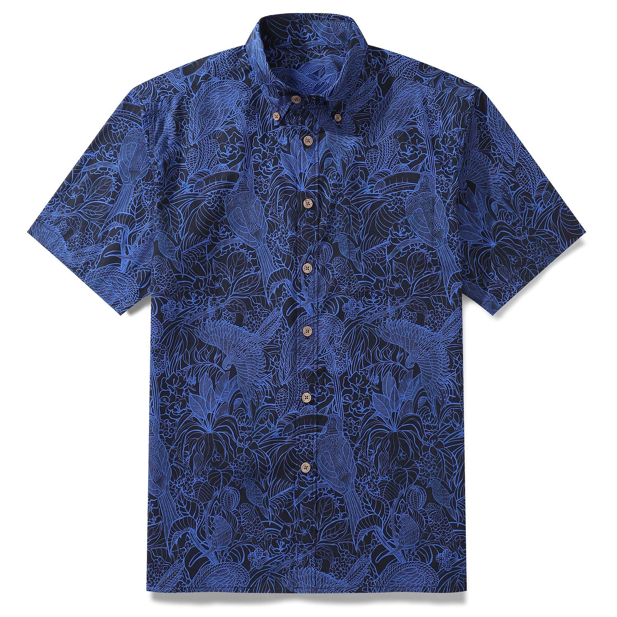 Dark Blue Tropical Hawaiian Shirt For Men Short Sleeve Button-down Shirt 100% Cotton Shirt