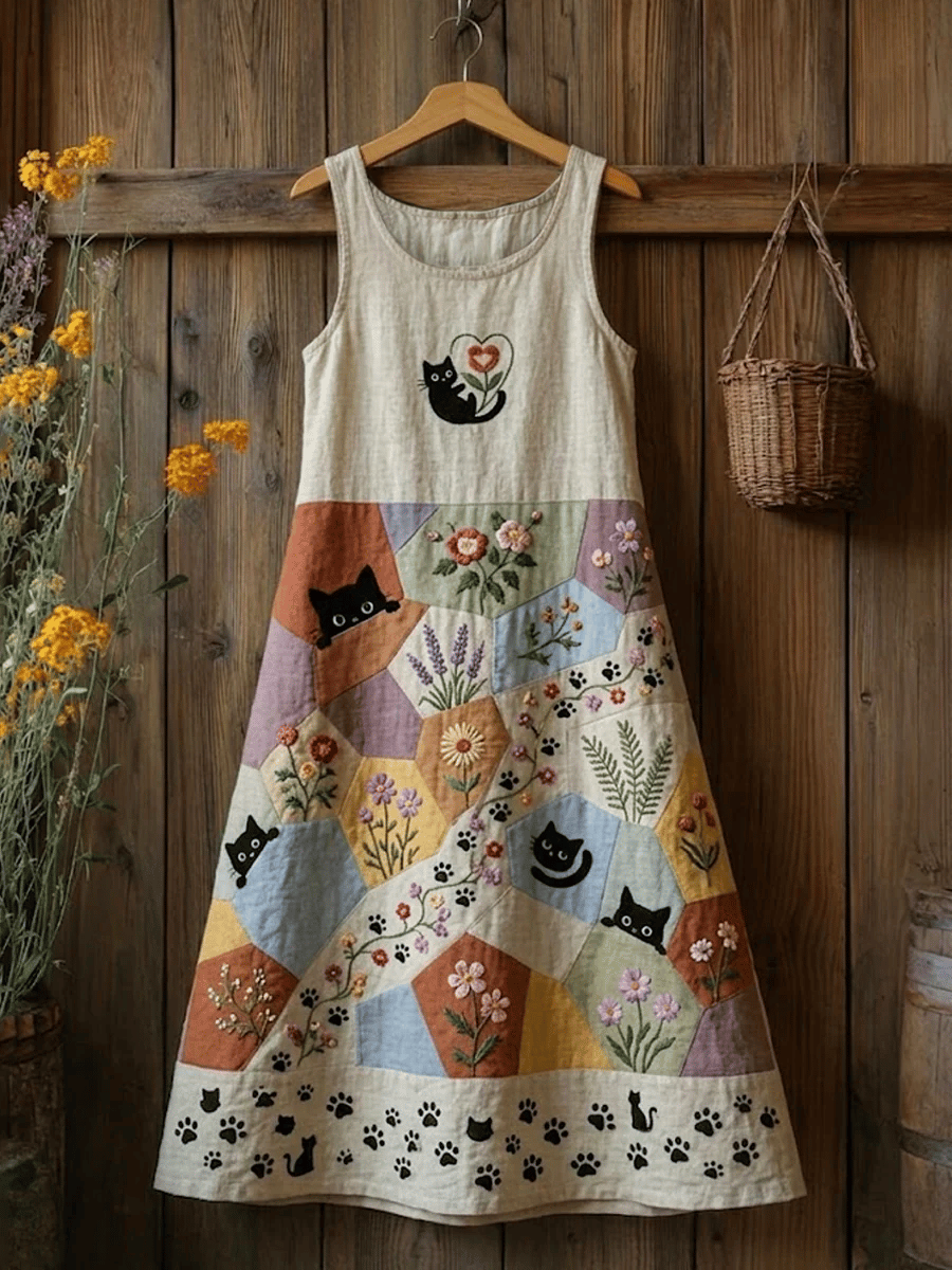 🐱Women's Retro Floral Cats Print Casual Sleeveless Midi Dress💛100% For Shelter Pets🐱🐶