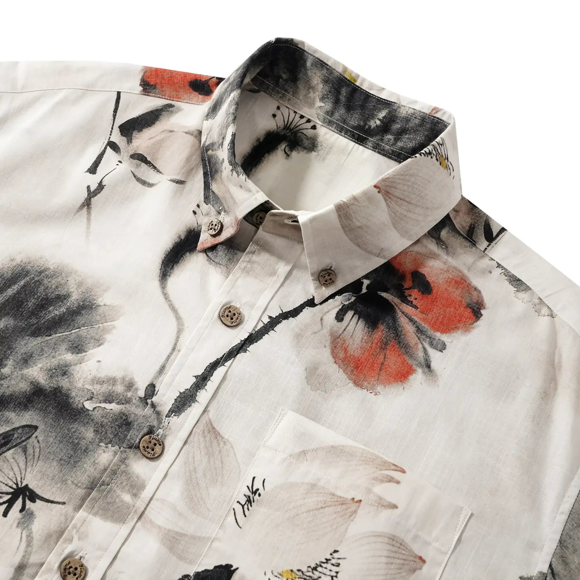 Men's Hawaiian Shirt Short Sleeve Button-down 100% Cotton Gray Aloha Eastern Lotus Elegance Chinese Style Ink Wash Art