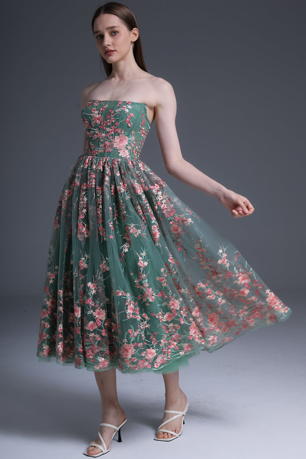 Strapless Embroidery Floral Corset Midi Dress