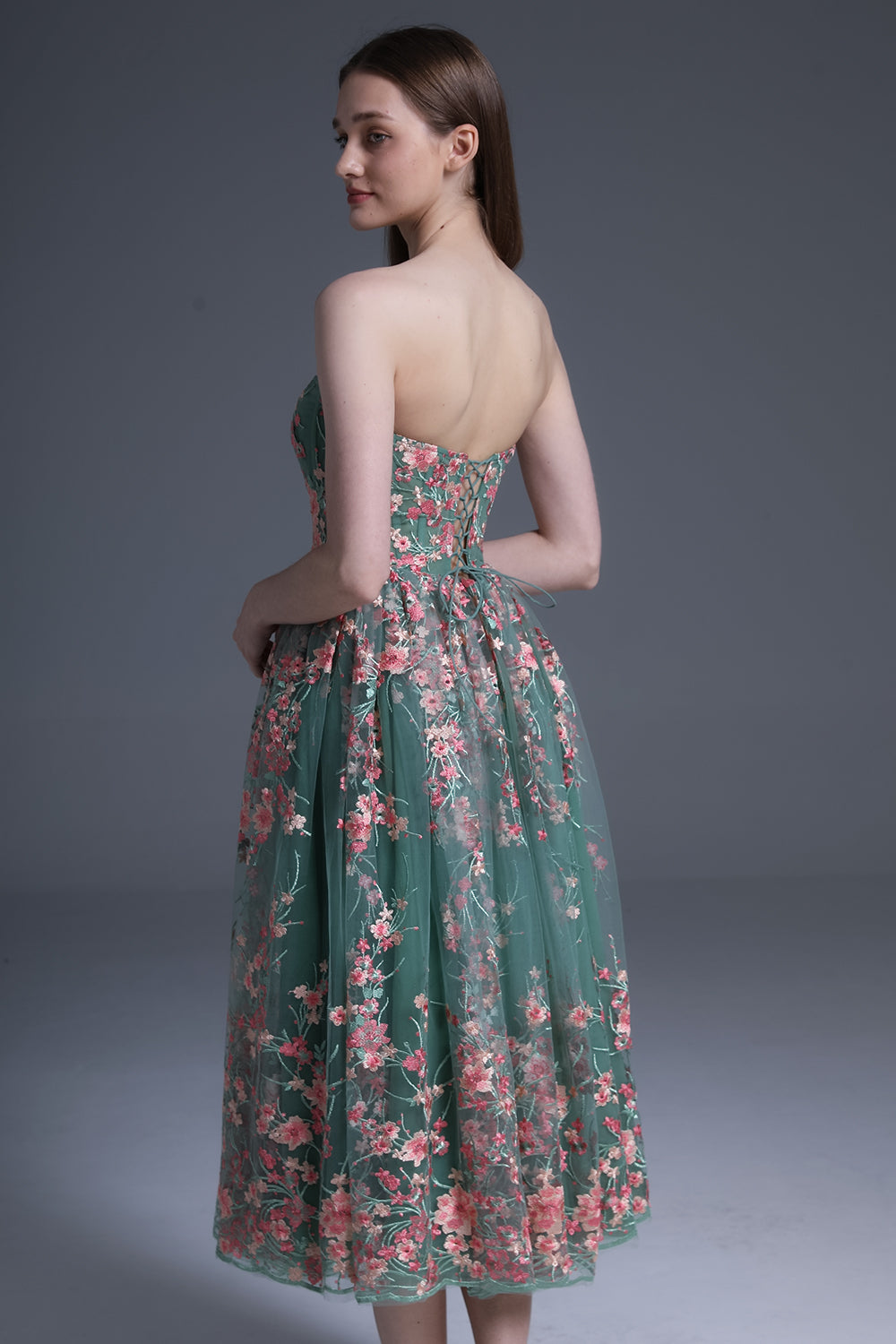 Strapless Embroidery Floral Corset Midi Dress