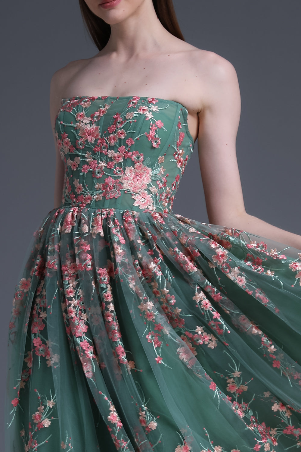 Strapless Embroidery Floral Corset Midi Dress