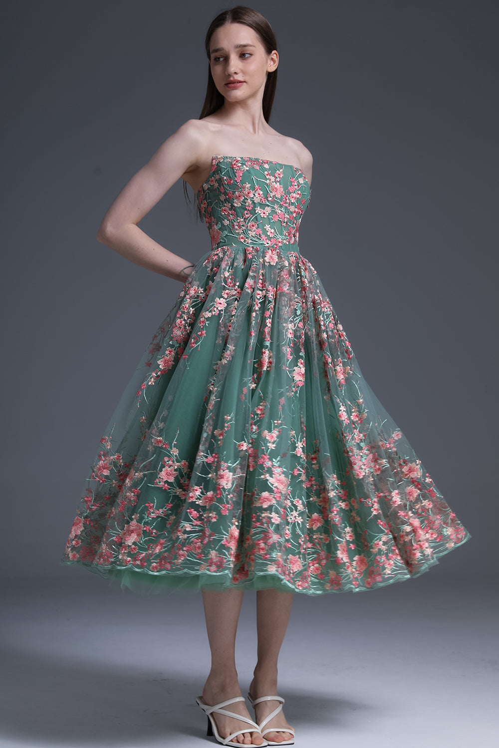 Strapless Embroidery Floral Corset Midi Dress
