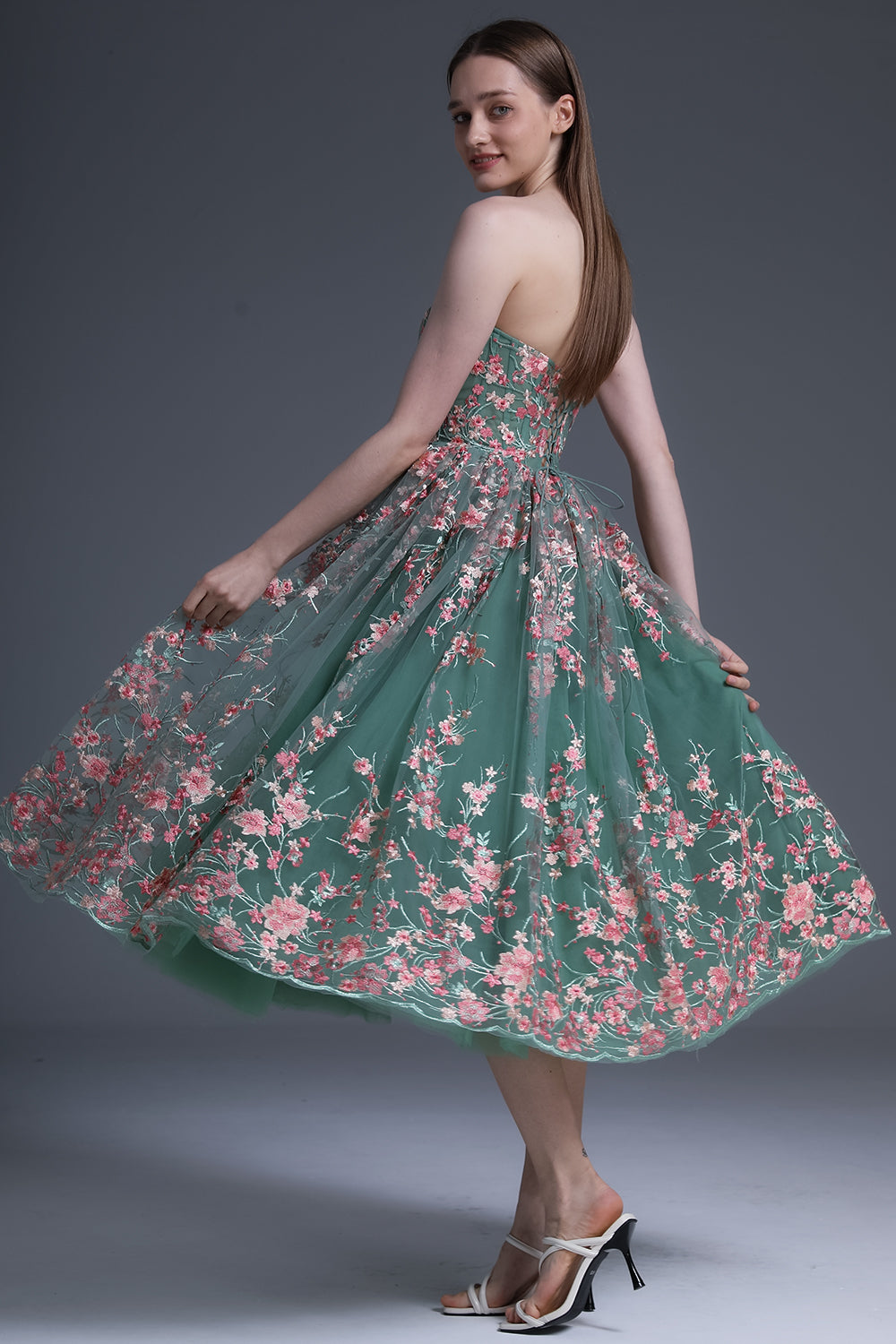 Strapless Embroidery Floral Corset Midi Dress