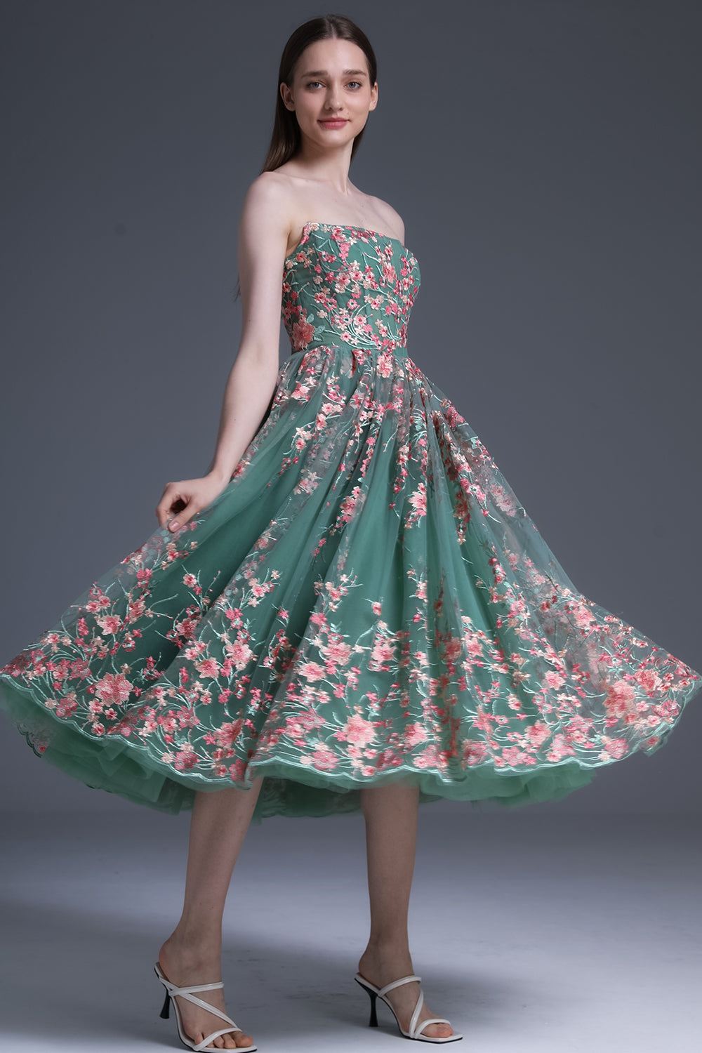 Strapless Embroidery Floral Corset Midi Dress