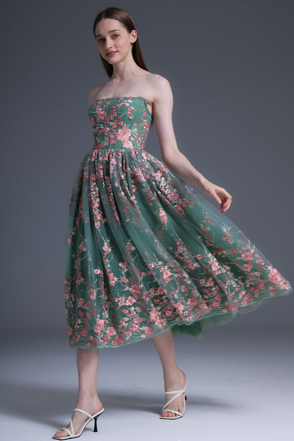 Strapless Embroidery Floral Corset Midi Dress