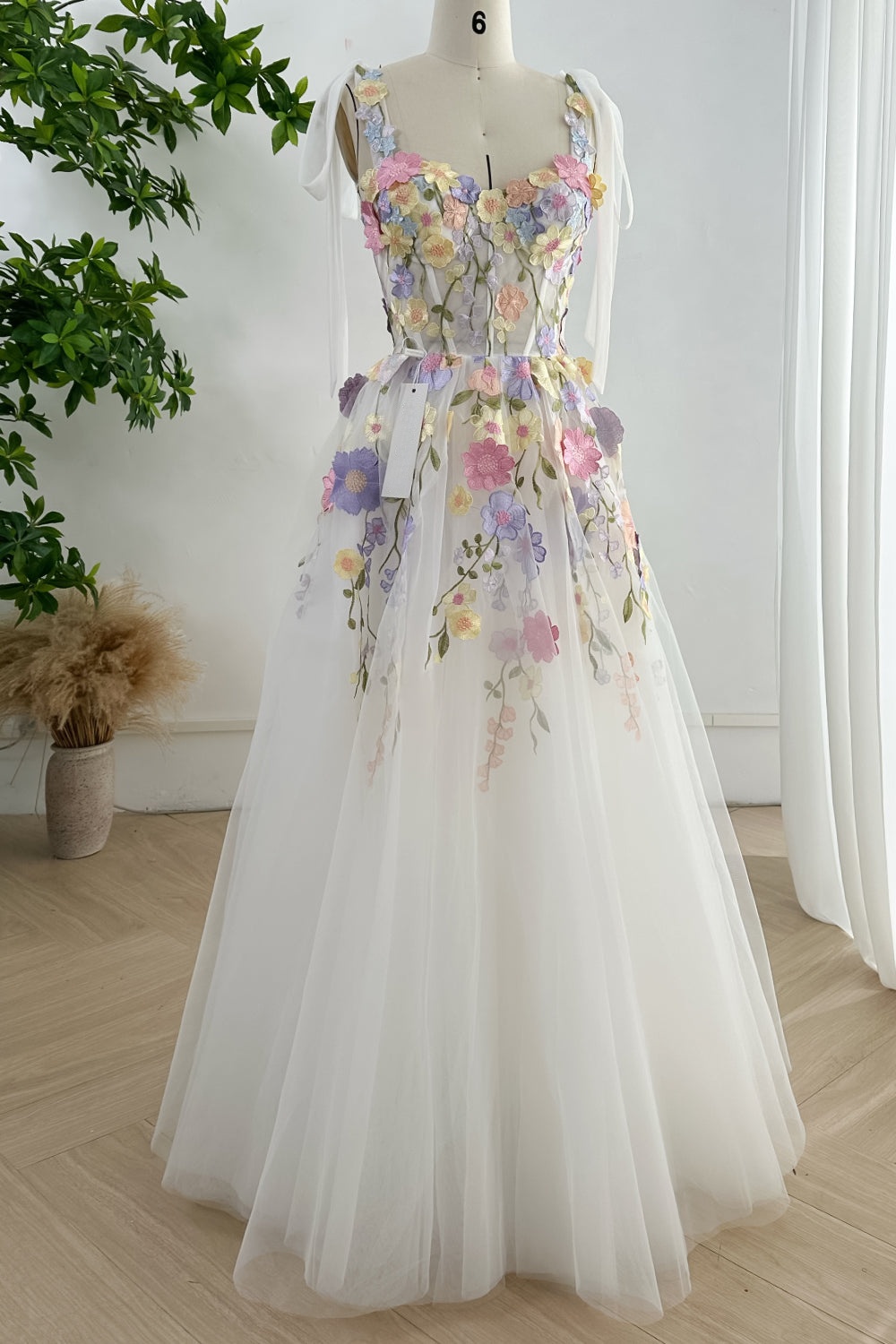 Embroidery Floral Corset Ivory Dress with Removable Tie Straps
