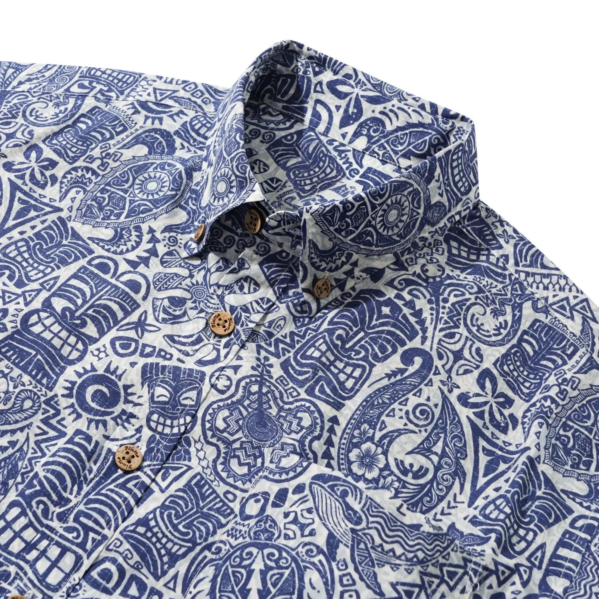 Men's Hawaiian Shirt Short Sleeve Button-down 100% Cotton Blue Retro Totem
