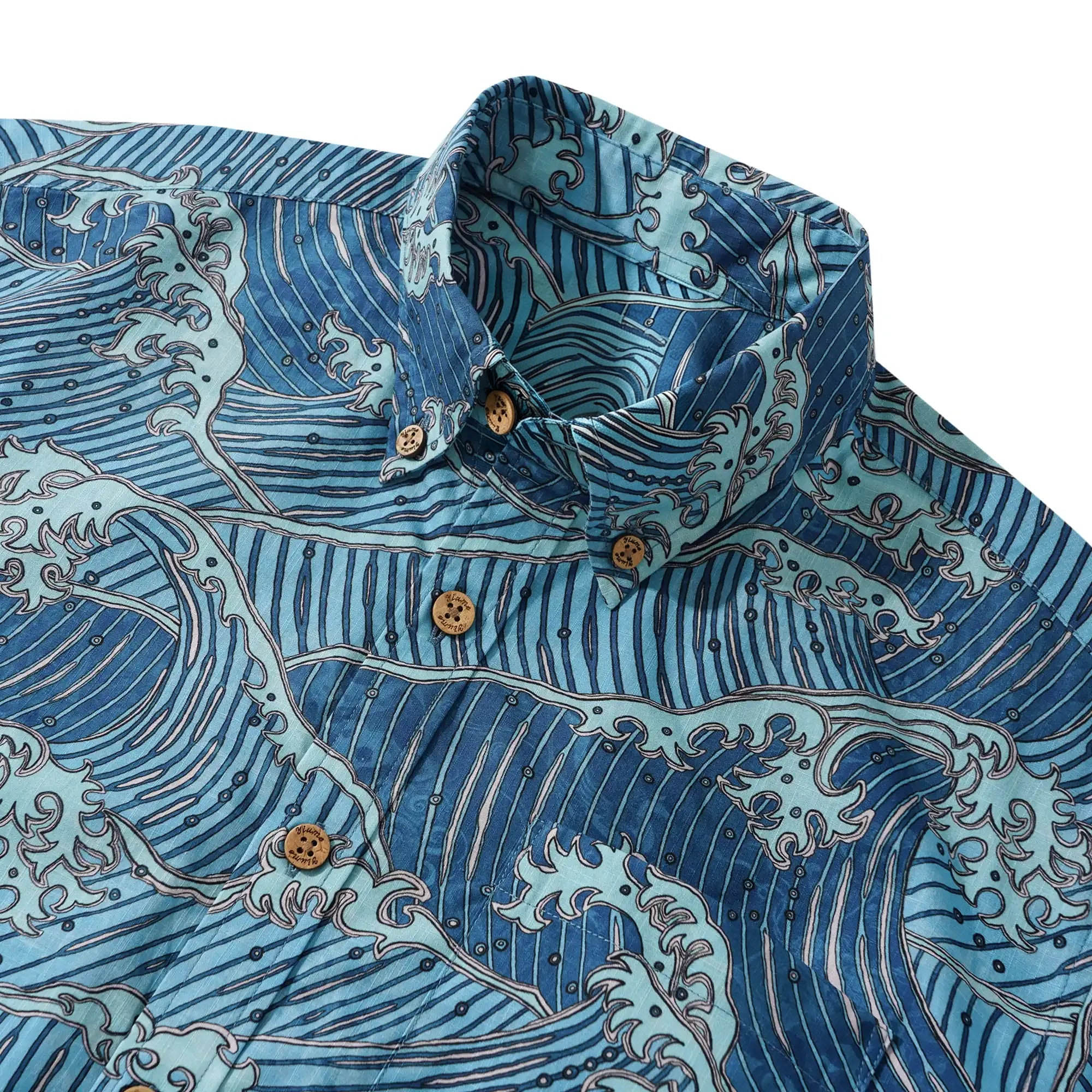 Men's Hawaiian Shirt Short Sleeve Button-down 100% Cotton Blue Aloha Surging Waves Of Ukiyo-e