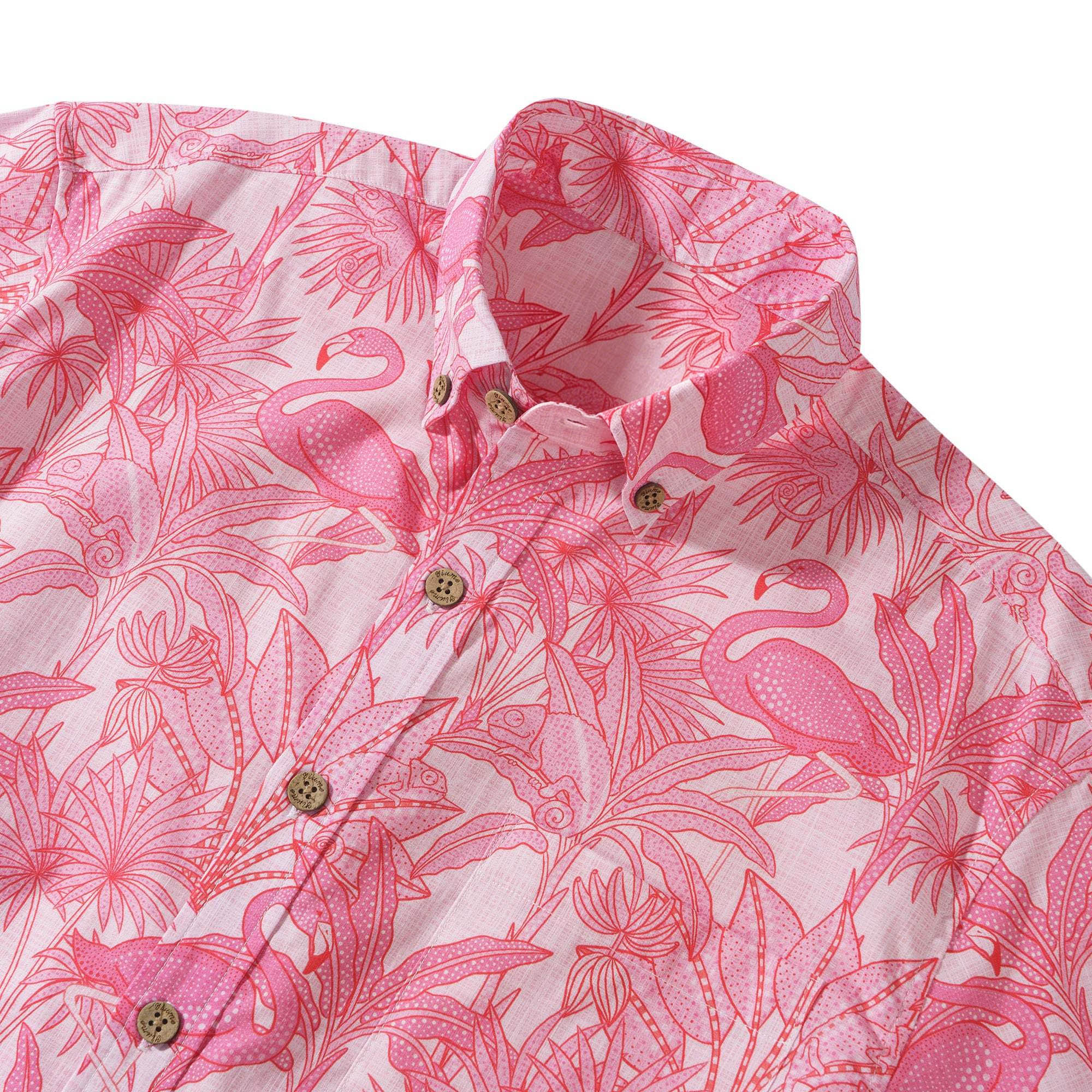 Men's Pink Hawaiian Shirt Flamingos Shirt 100% Cotton Short Sleeve Button-down Shirt