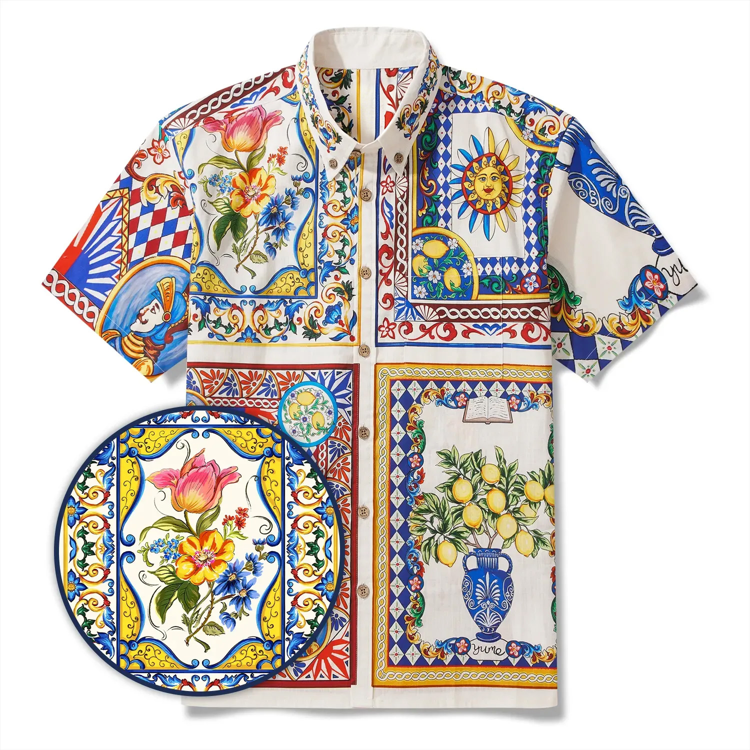 Men's Hawaiian Shirt Short Sleeve Button-down 100% Cotton Blue Flower Aloha Lemon Sicily Venice