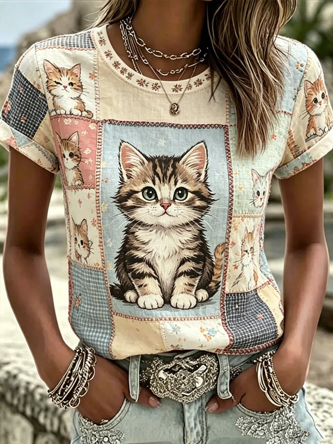 🐱Women's Cat-Print T-Shirt💛100% For Shelter Pets🐱🐶