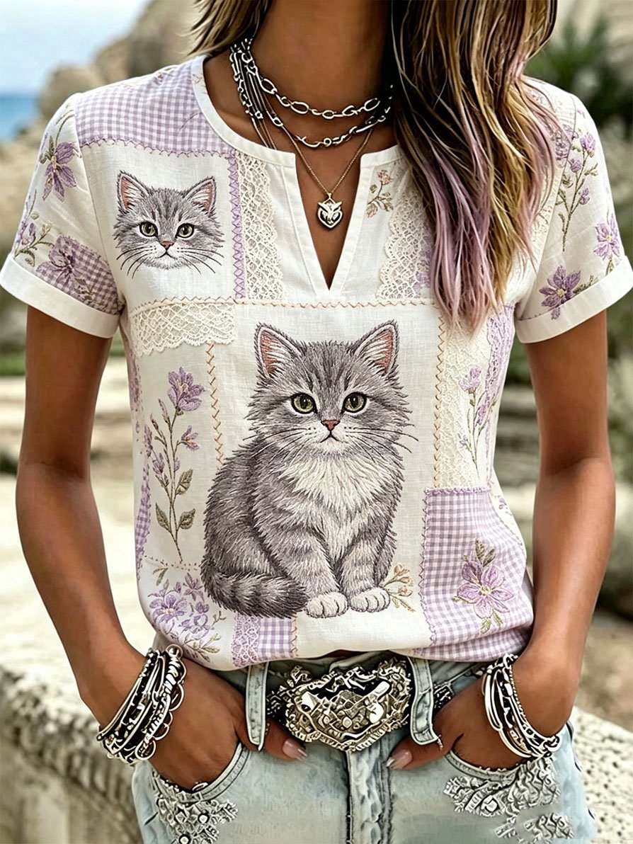 🐱Women's Casual Retro Cat and Floral Top💛