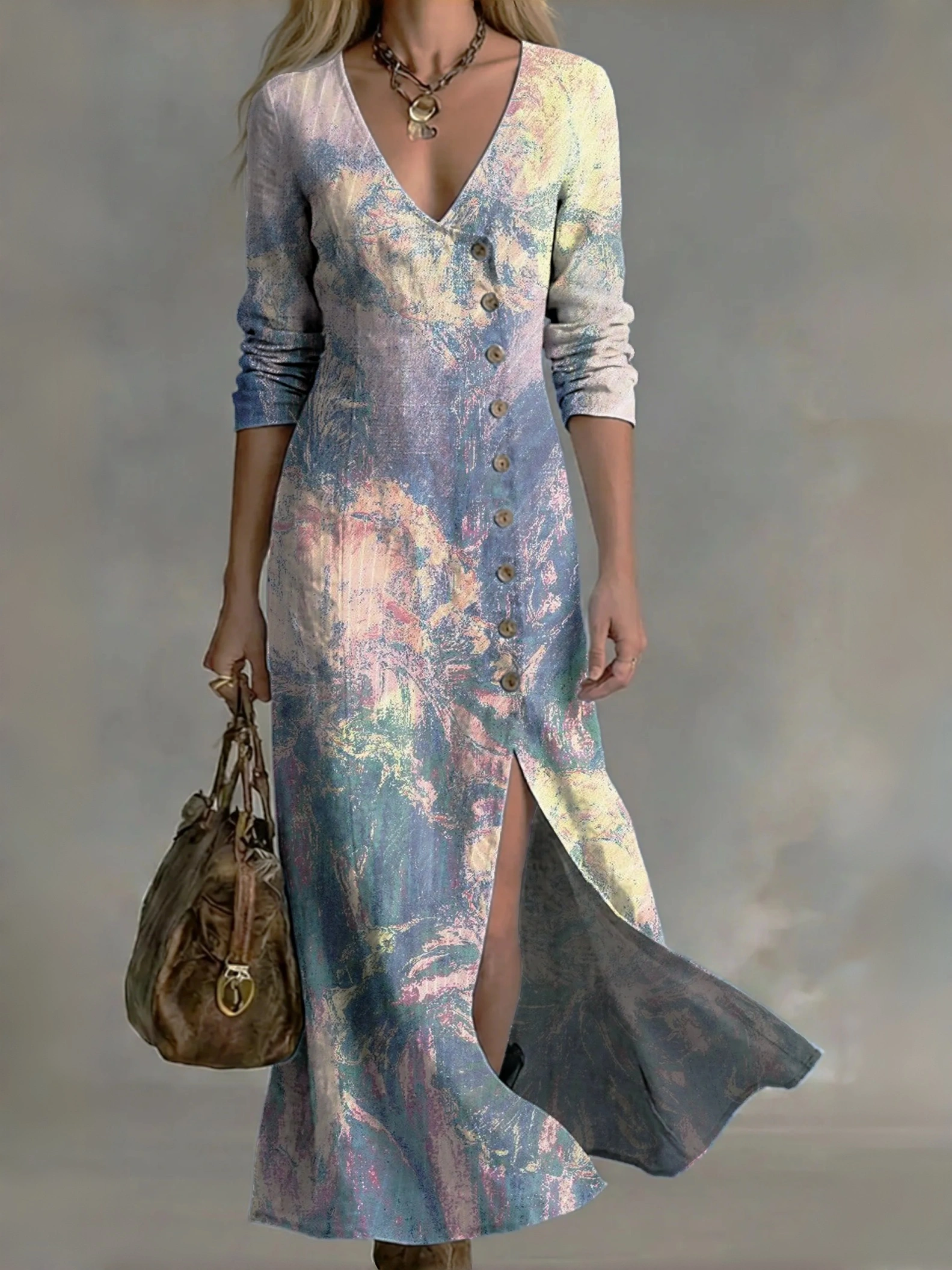Women's Vintage Oil Painting Print Casual-chic Button-front Cotton-linen Dress