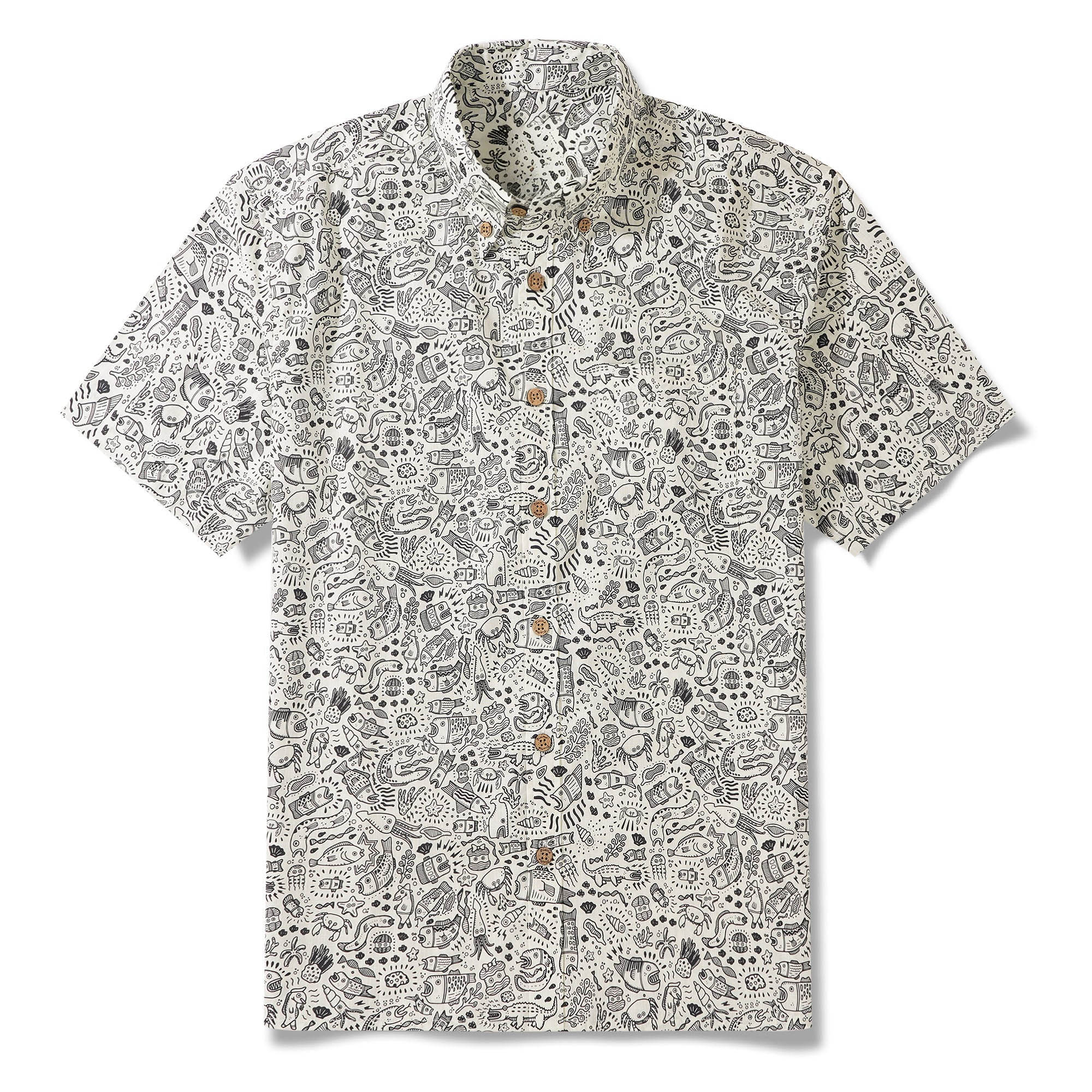 Men's Hawaiian Shirt Short Sleeve Button-down 100% Cotton Beige Aloha Undersea Party By Erwin Ong