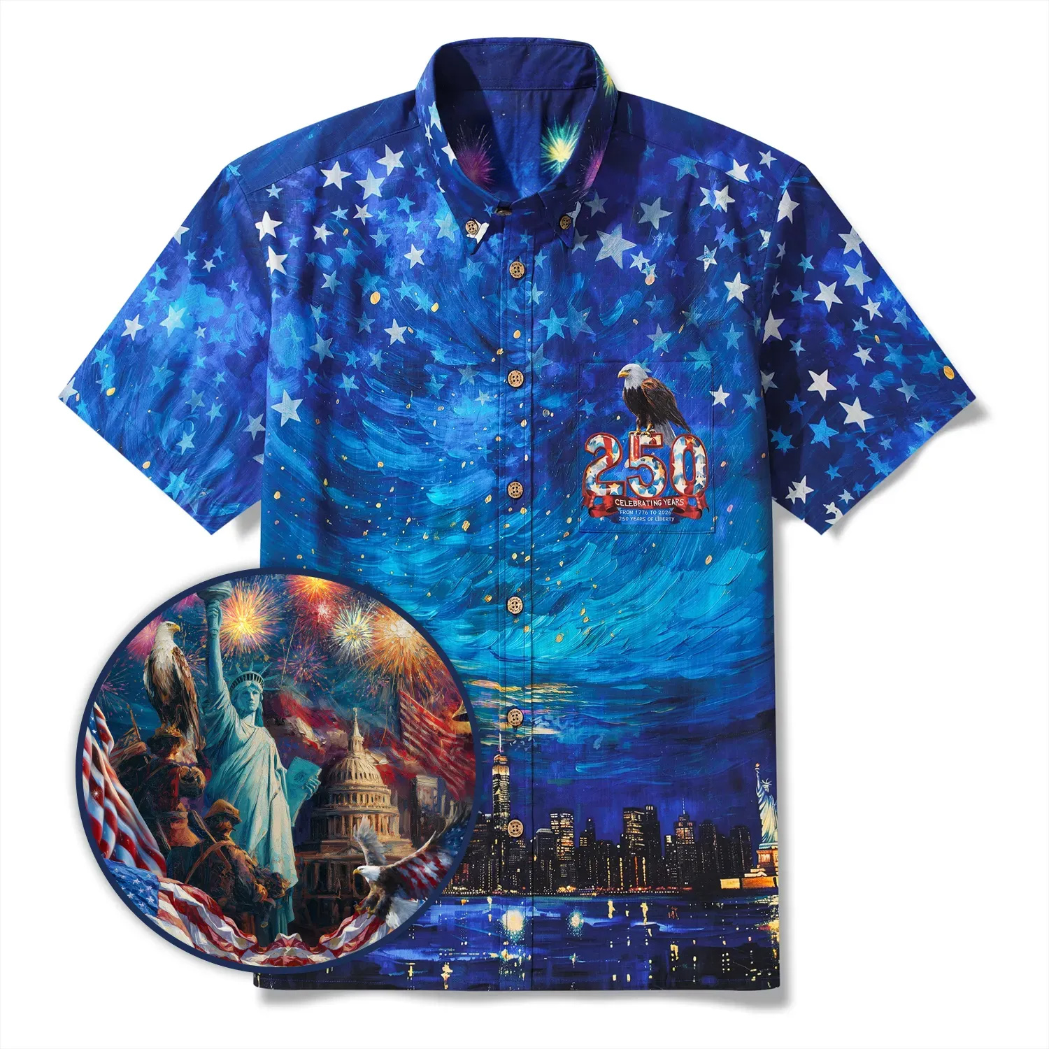 America 250 Men's Hawaiian Shirt Short Sleeve Button-down 100% Cotton Blue Aloha Starry Night Fireworks 250 Celebration