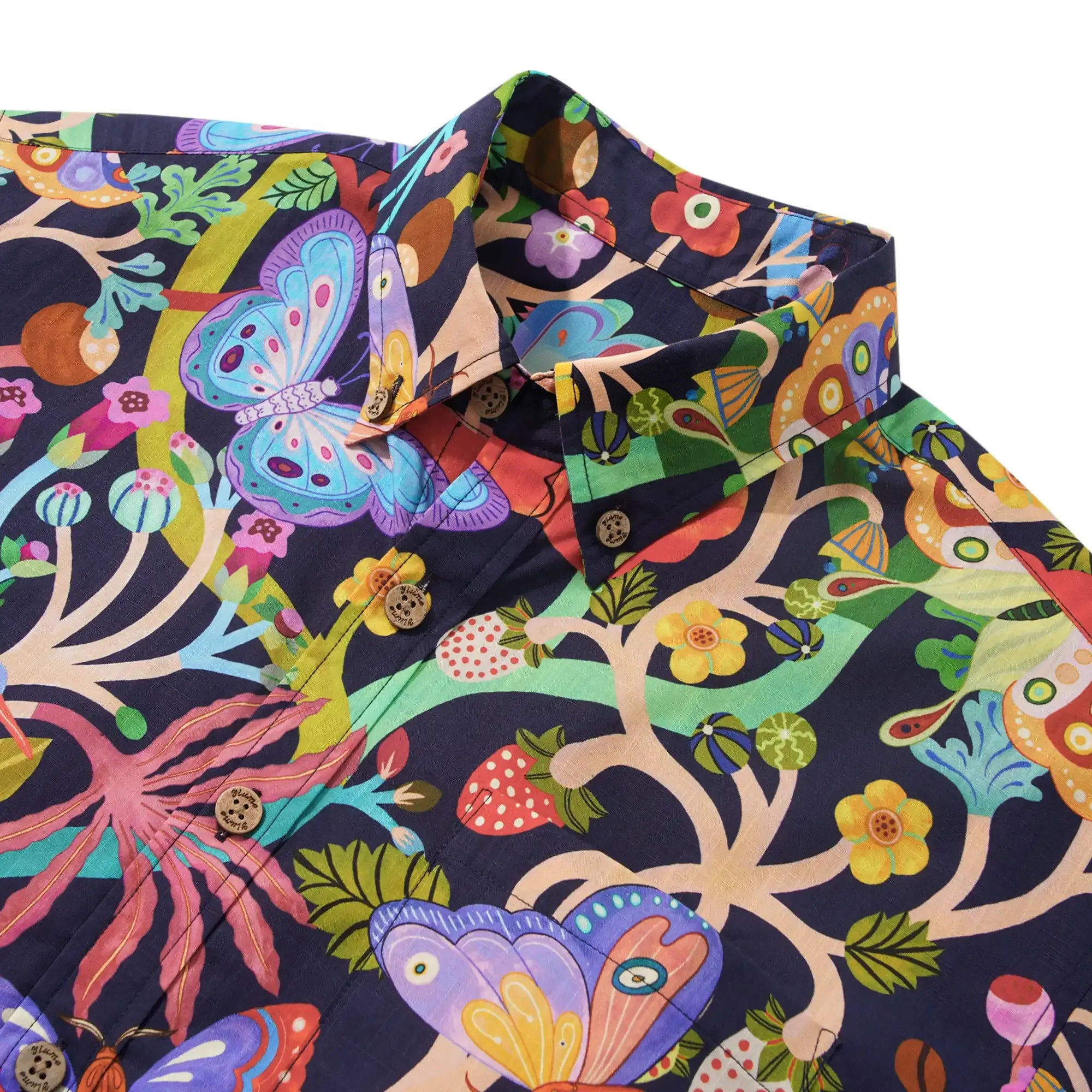Men's Hawaiian Shirt Short Sleeve Button-down 100% Cotton Blue Aloha Dusk Butterfly Dance