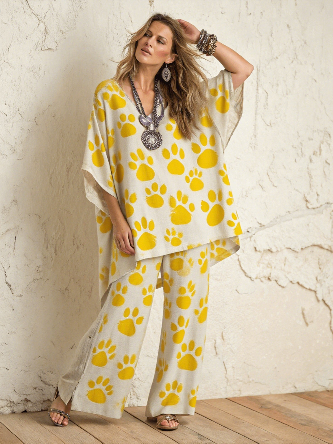 Yellow Bear Paw Print Cotton Linen Women's Loose Suit